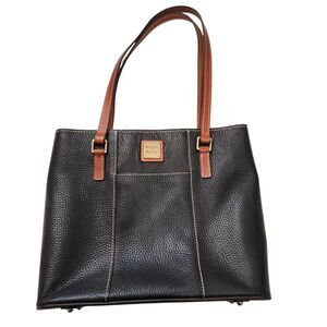 Dooney & Bourke Black Pebbled Leather Tote Bag Brown Trim Shoulder Purse